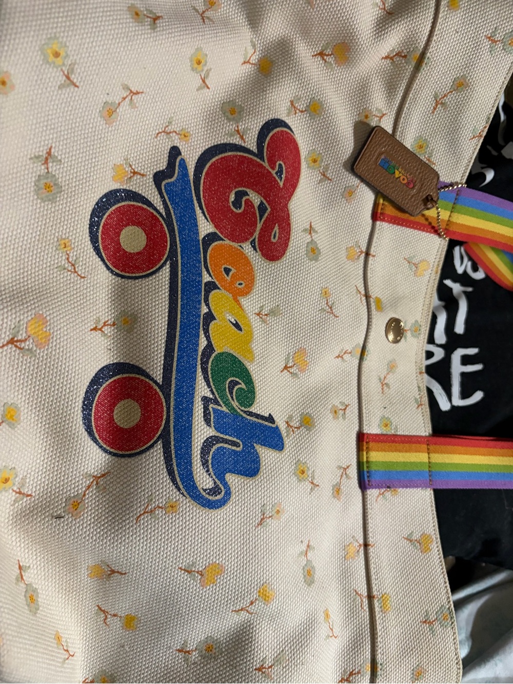 Coach Cream Floral Tote with Rainbow Straps and Multicolor Logo